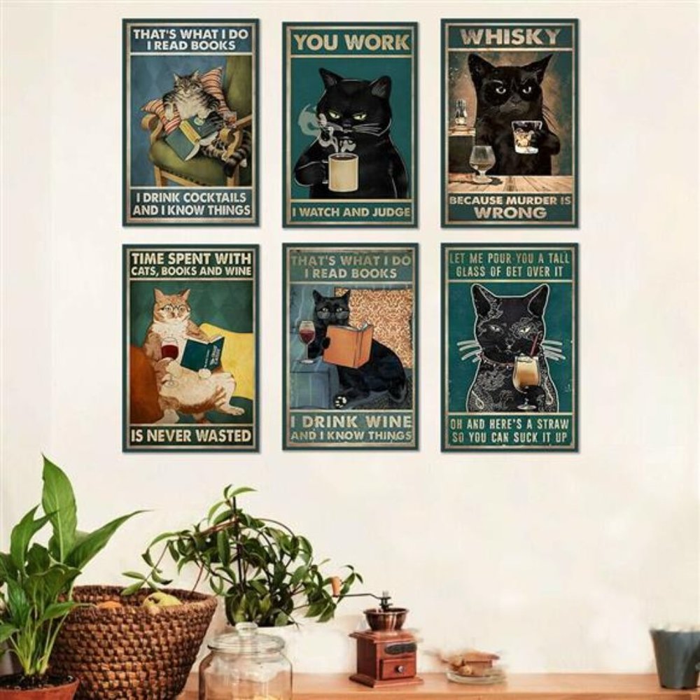 Funny Cat Drinking Bar Posters Feline Humor Wall Art Decor Set of 6 Print